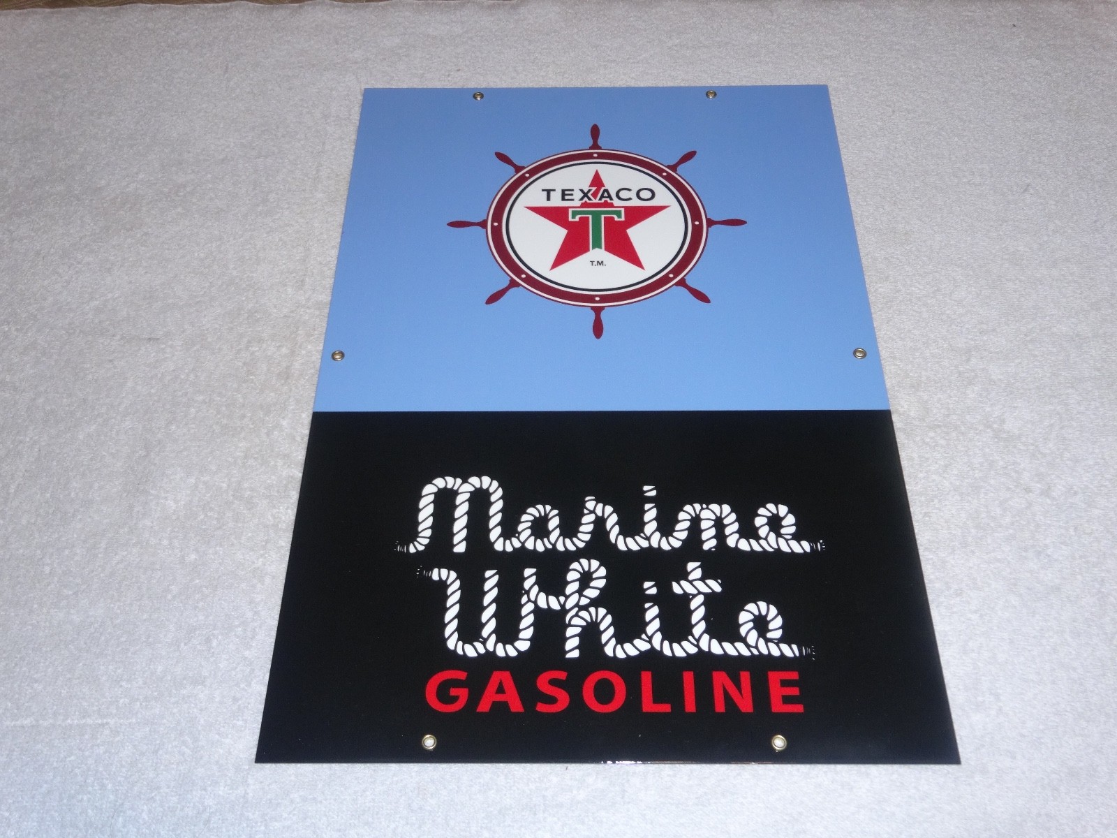 VINTAGE TEXACO MARINE WHITE GASOLINE 18" PORCELAIN METAL GAS OIL PUMP PLATE SIGN