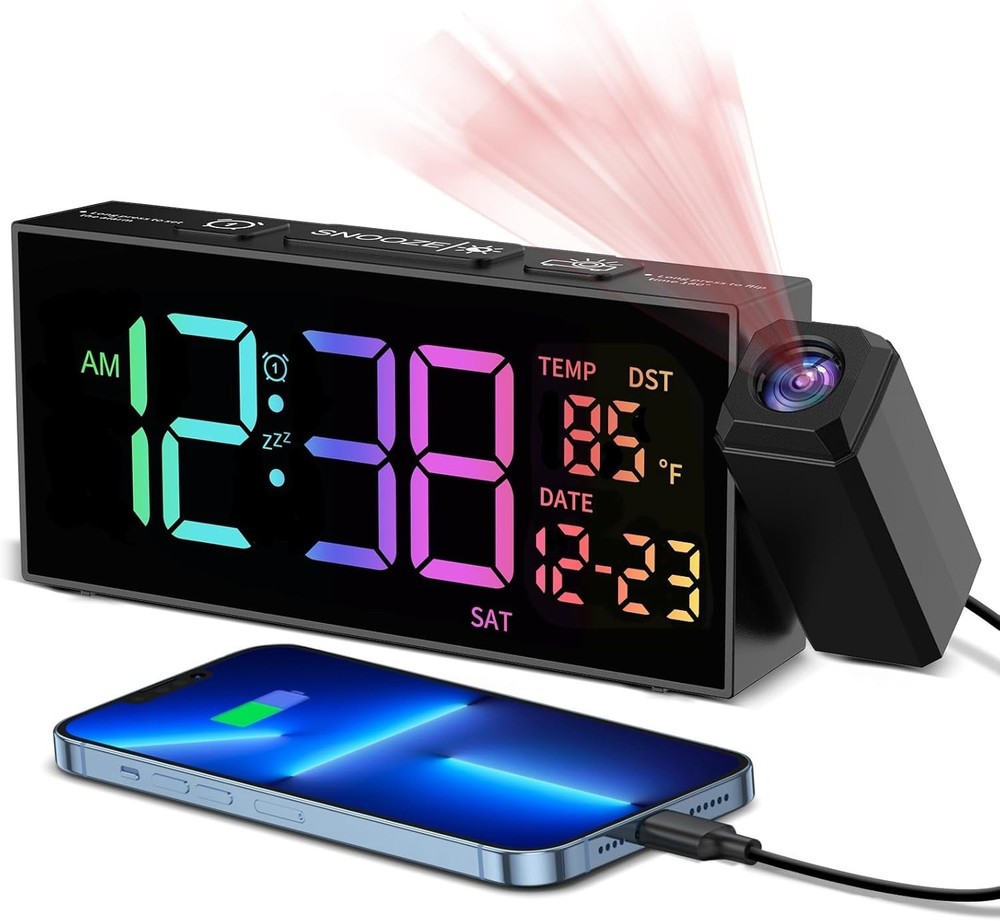 Clear LED Projection Alarm Clock: 3-Level Brightness and Snooze Functionality