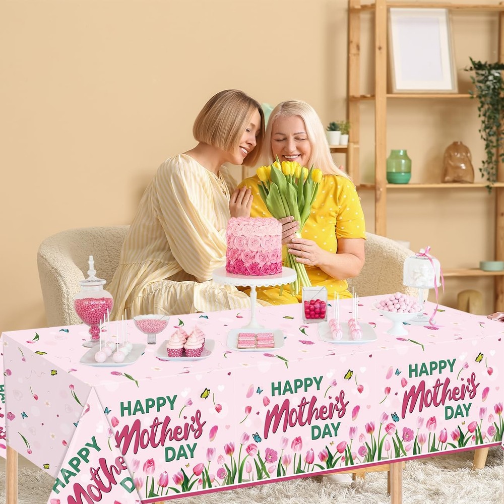 Happy Mothers Day Decorations Tablecloth 3Pcs 108" x 54" (Rectangular), Pink