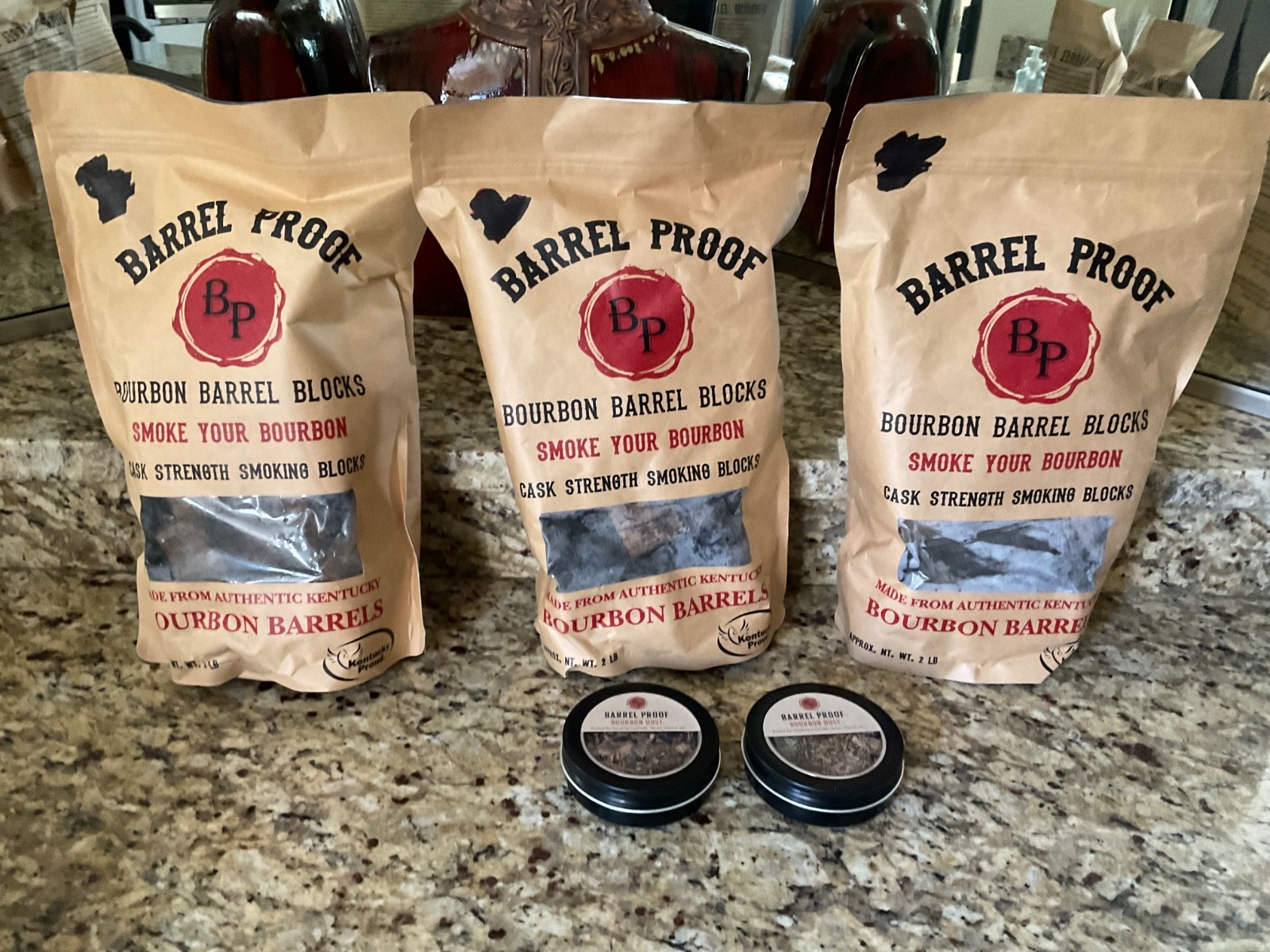 3 Bags Barrel Proof Bourbon Barrel Wood Blocks for Smokers + 2 Cans Bourbon Dust