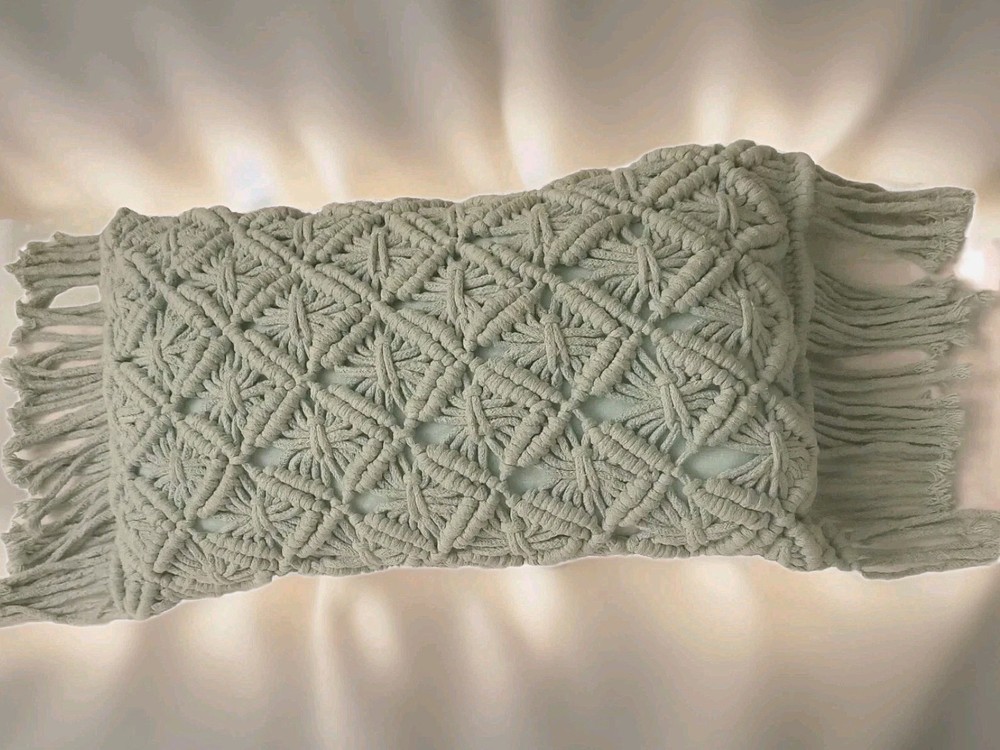 macrame Pillow Boho Throw Rectangle 11"×19" zipper Mint Green Granny Core Read