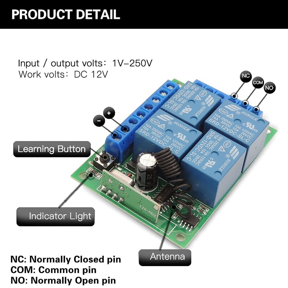 DieseRC DC 12V Wireless Relay Remote Control Switch 433MHz RF 4 Channels Rela...