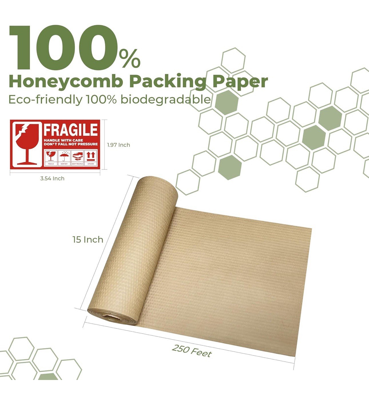 Honeycomb Packing Supplies Paper Wrap 15 X 250ft w/ 60 Fragile Sticker Labels