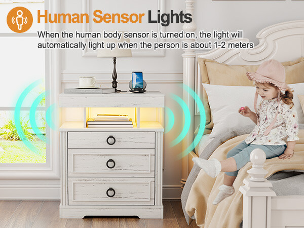 Farmhouse Night Stand with Gun Drawer, LED NightStand with Light & Human Sensor