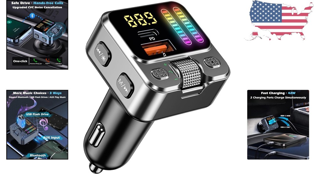 All-in-One Bluetooth 5.3 Car Adapter: FM Transmitter, Charging, and LED Lights