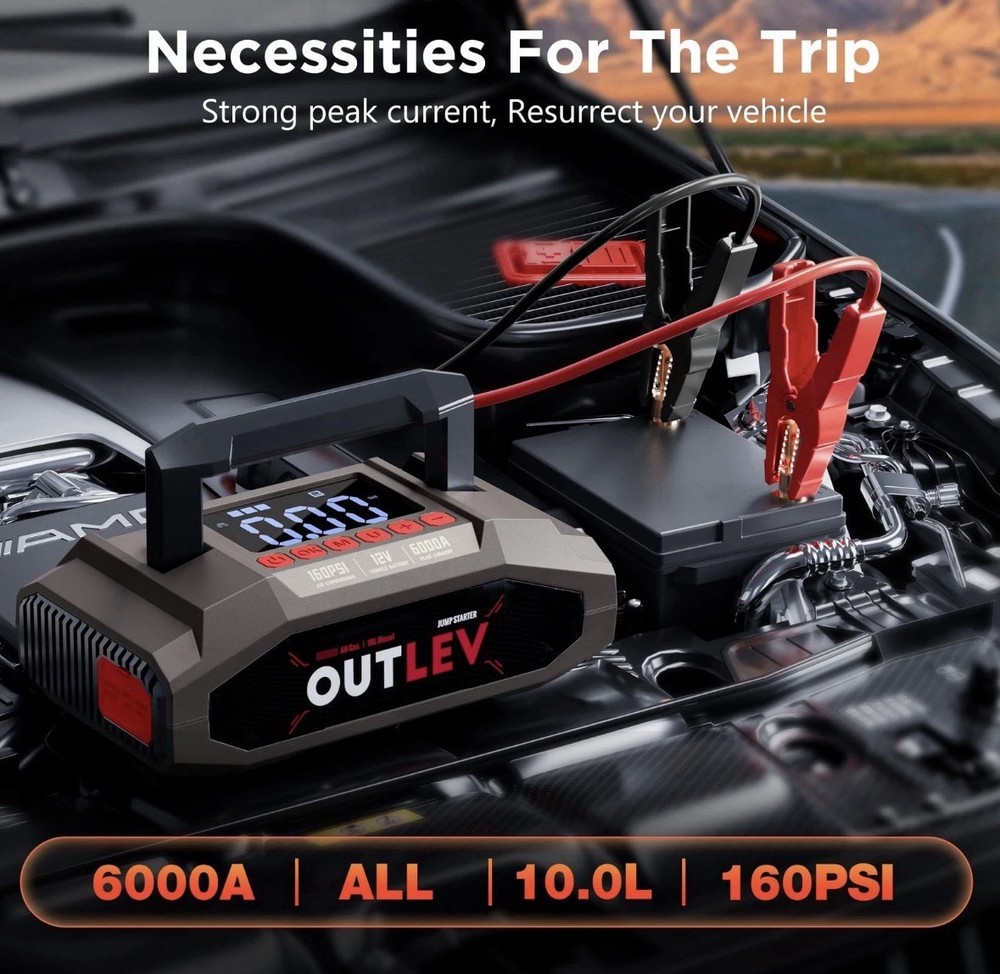 Outlev Jump Starter 6000A Air Compressor 160PSI Multi-Functional Emergency Kit