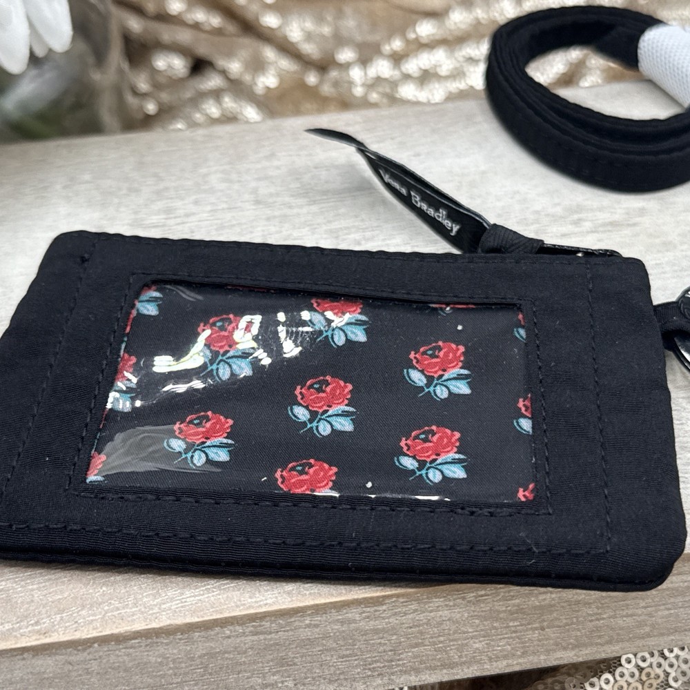 Vera Bradley Zip ID Case + Lanyard in Pattern CLASSIC BLACK Microfiber NWT
