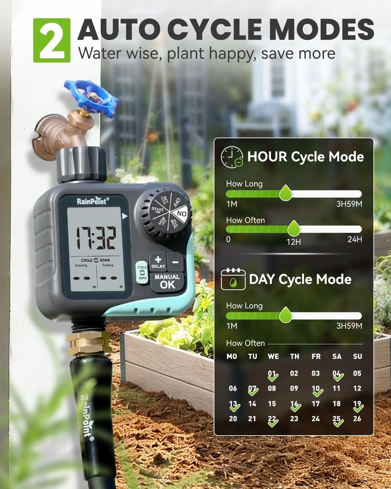 Programmable Garden Hose Sprinkler Timer with Cycle & Soak, Rain Delay