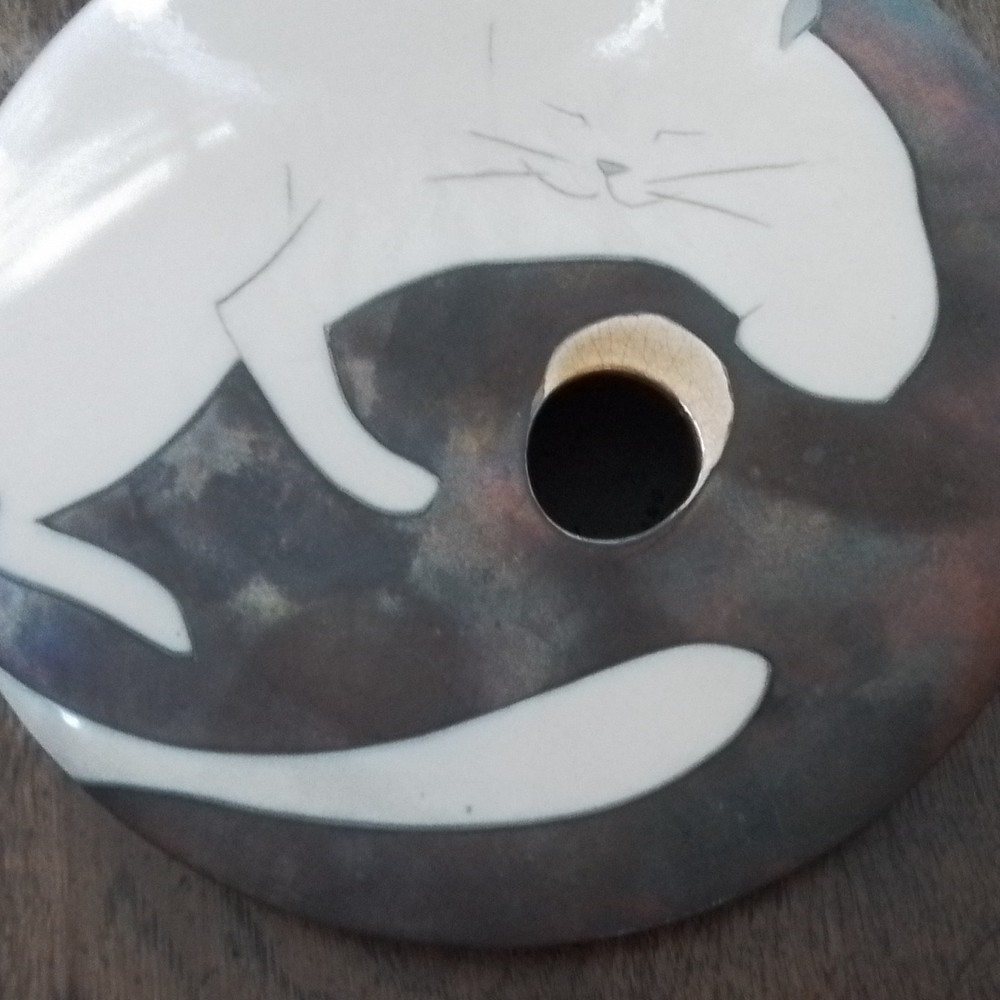 Giusti Studio/Raku Cat/Fish Signed Pottery Vase