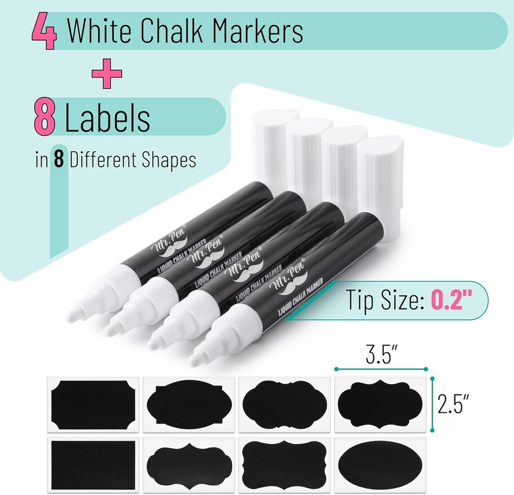 White Chalk Markers 4Ct Dual Tip Assorted Reversible Chisel/Bullet Tip New