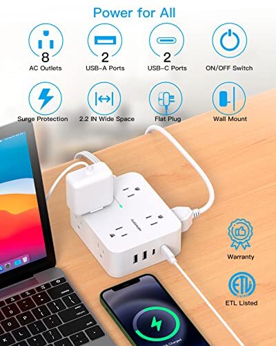 Surge Protector Power Strip, Extension Cord with Multiple 5Ft Thin Plug
