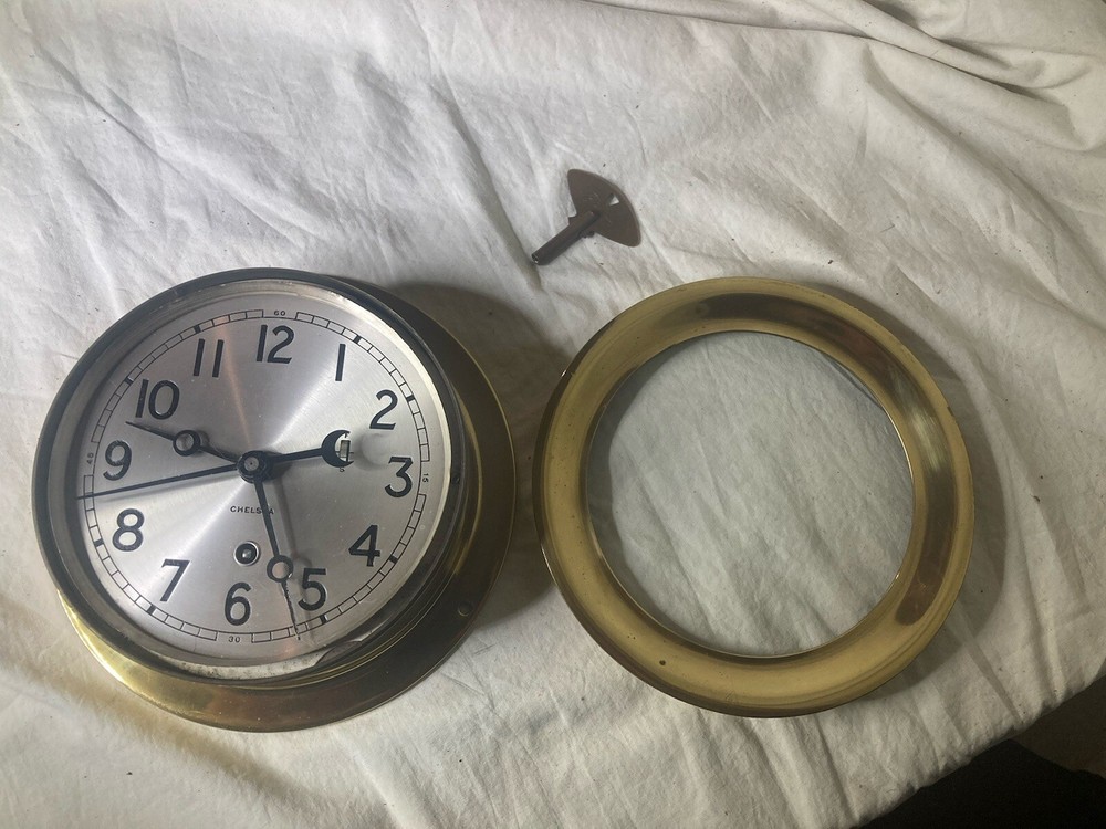 Chelsea 6” Time Only Clock In Brass Case, With Key, Nice Shape!
