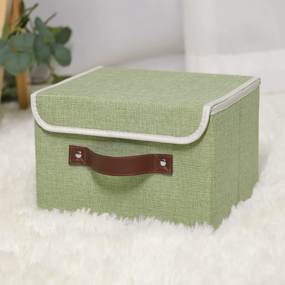 Storage Bin Small Green PU Leather Handles PP Plastic Board Lidded
