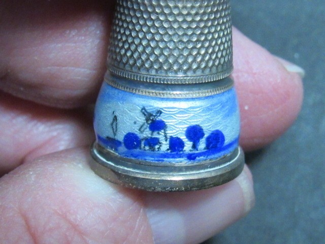 Enamel & Sterling Silver Thimble - Windmill Scene