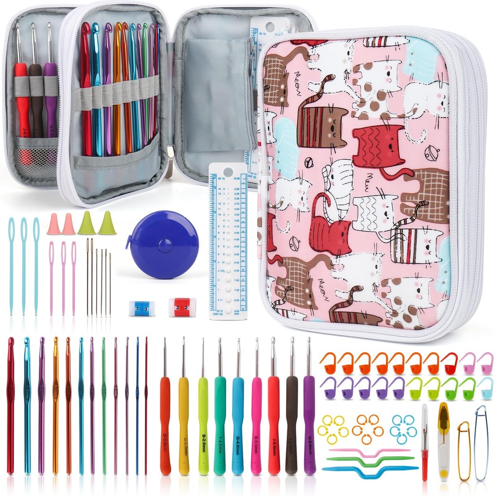 Katech Crochet Hooks Kit with Case, 85-Piece Set, Cats Pattern