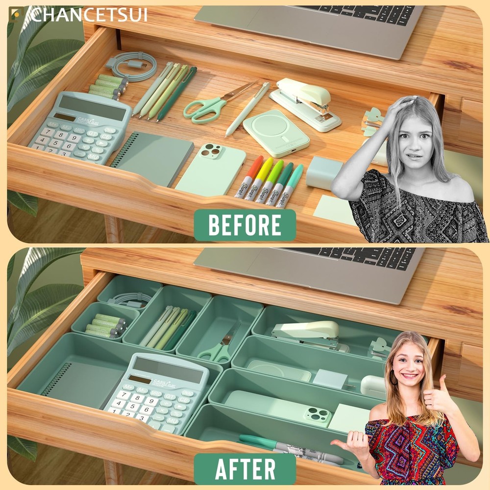 9 Pcs Stackable Drawer Organizer Trays Set, Green, Multifunctional Storage fo...