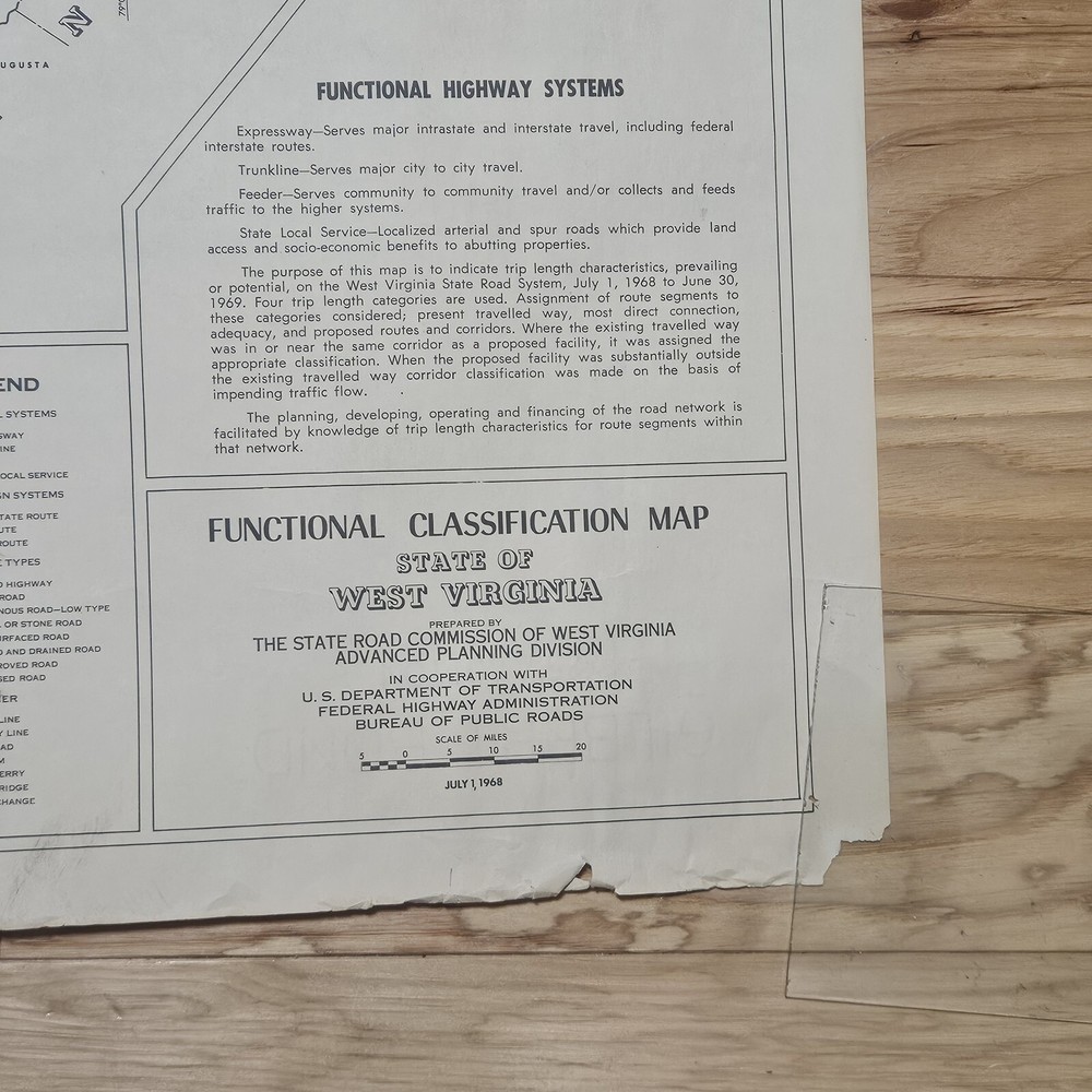 1968 West Virginia Map Functional Highway System Classification 25x22" 1 Sided