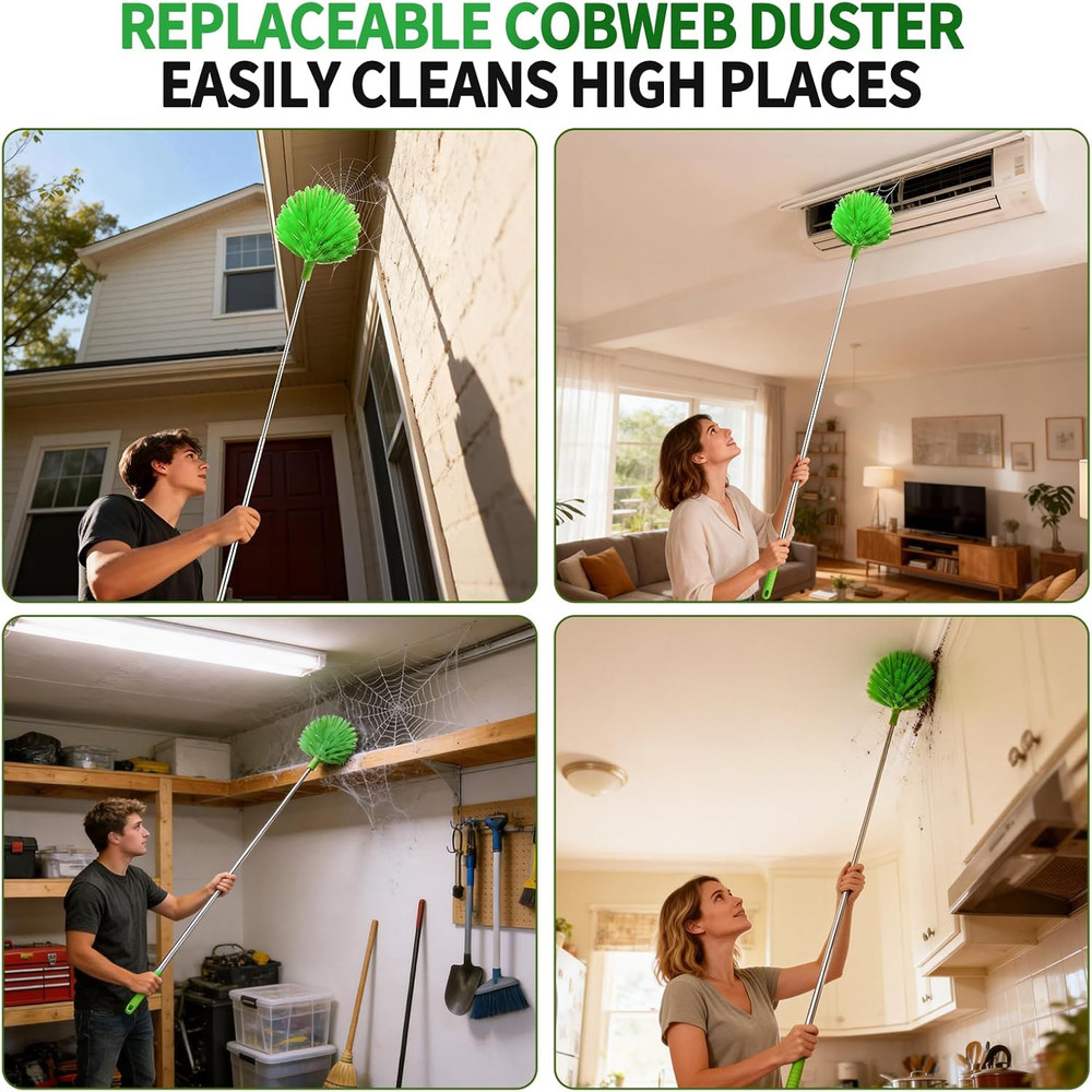 Cobweb Duster with Extension Pole, Washable Cleaning Duster Kit with 3 Duster He