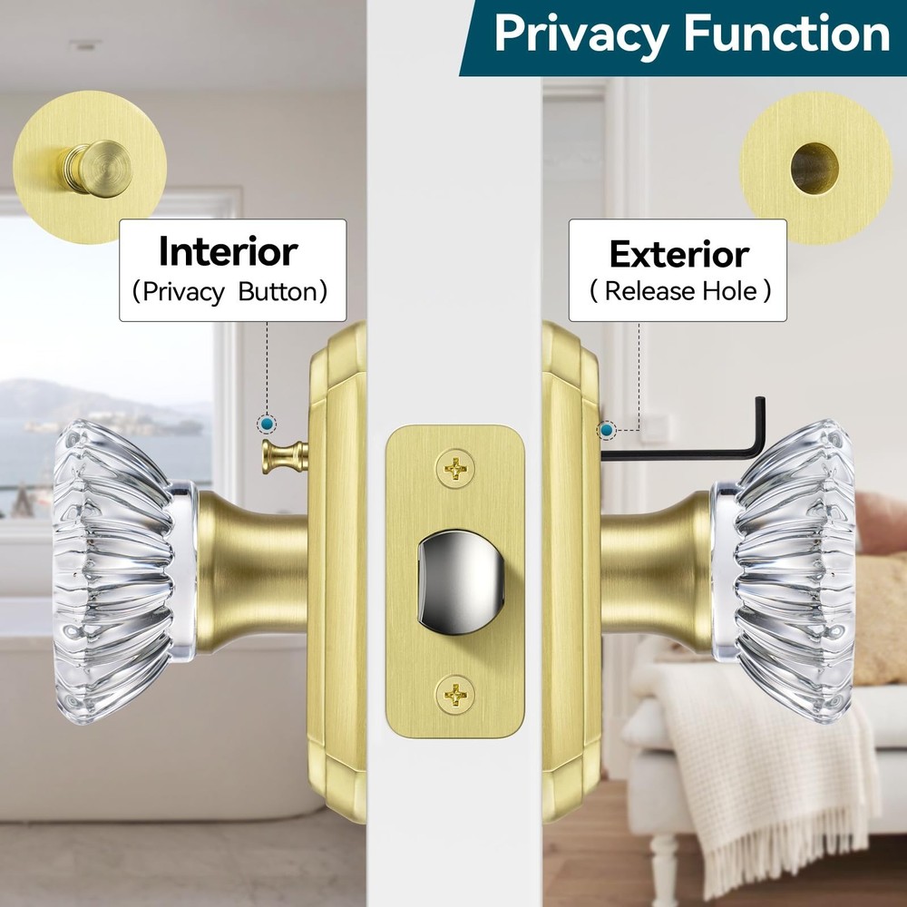 Crystal Door Knobs with Lock, Brushed Gold Glass Door Knobs Interior for Priv...