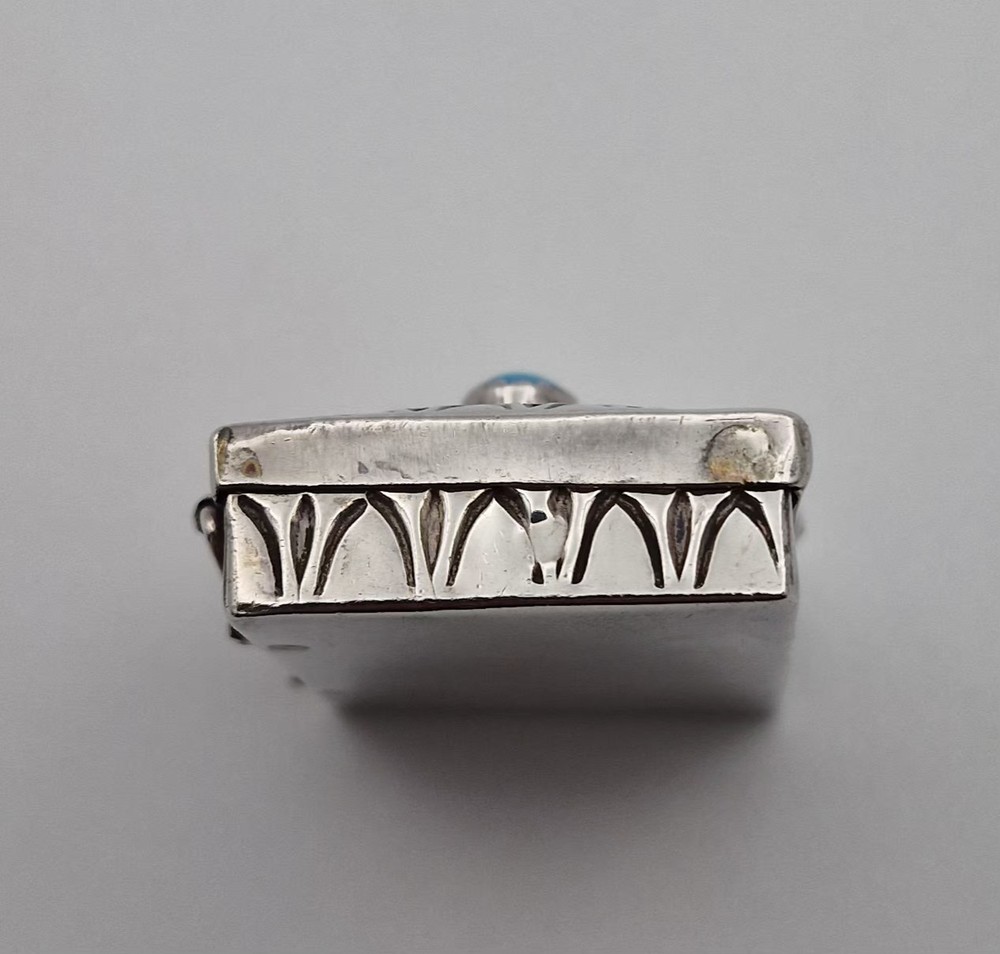 Vintage Sterling Silver Pill Box Rectangular Engraved Blue Turquoise 14.3g