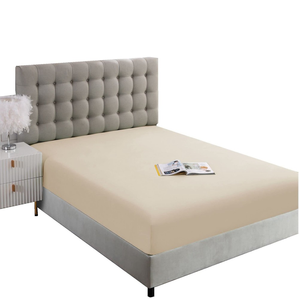Beige Full Fitted Sheet-Soft Microfiber Bottom Sheet for Bed-Deep Pocket up t...