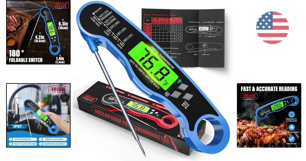 Blue Waterproof Digital Meat Thermometer with Fast Backlight Reading Feature