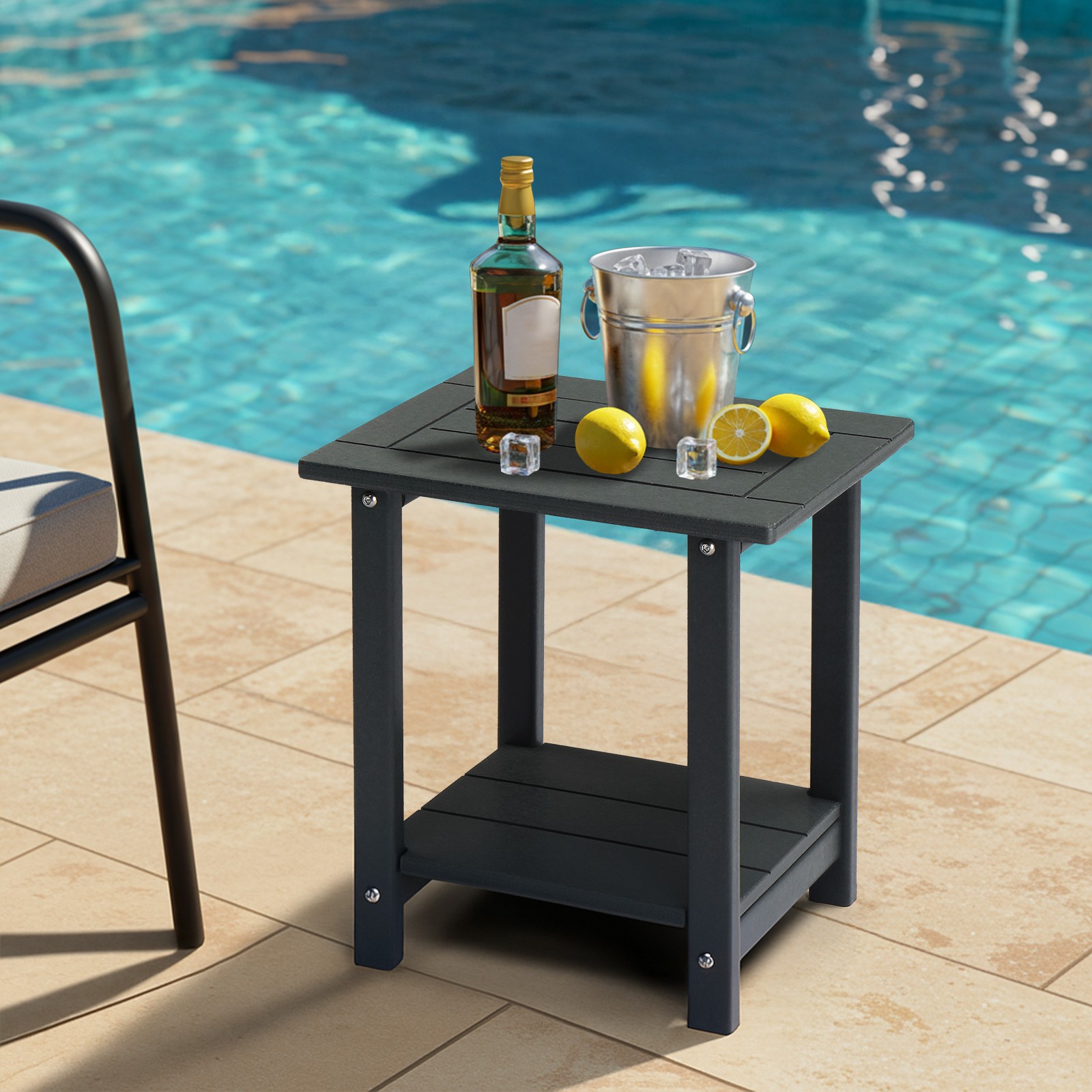 2 Tier Outdoor Side Table Black HDPE Adirondack Table Weather Resistant Square