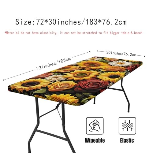 Picnic Table Cover with Elastic Edge,6FT 72" x 30" (Rectangular) Sunflower