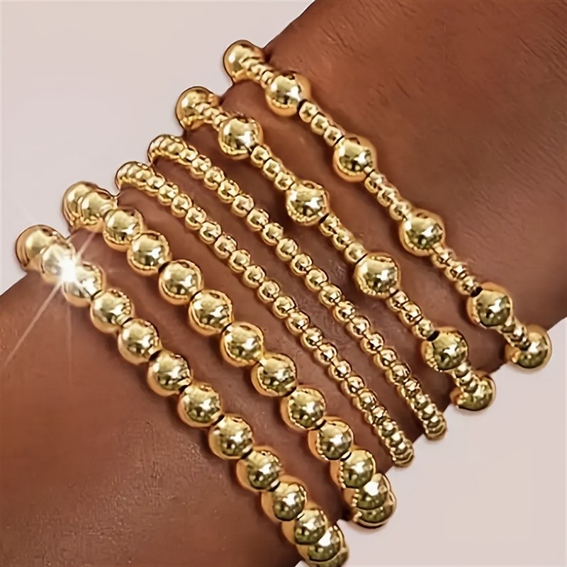 Gold Beaded Stretch Bracelet Set – 6 PCS | Women’s Stackable Layered U