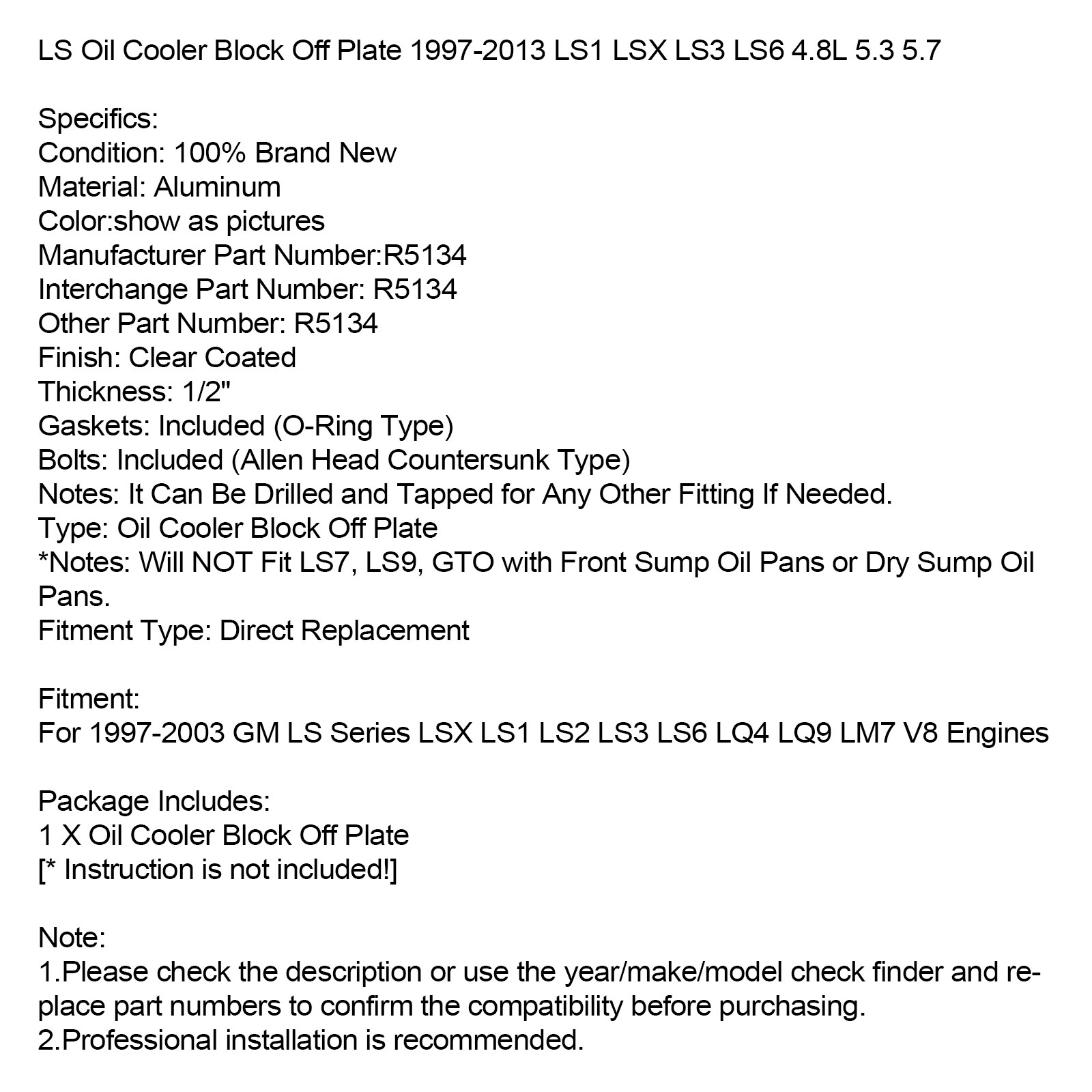 LS Oil Cooler Block Off Plate 1997-2013 LS1 LSX LS3 LS6 4.8L 5.3 5.7 USA