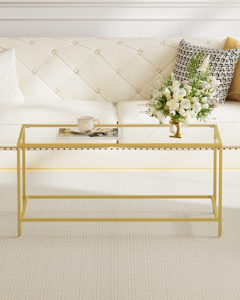 Glass coffee table, modern rectangular gold coffee table for living room
