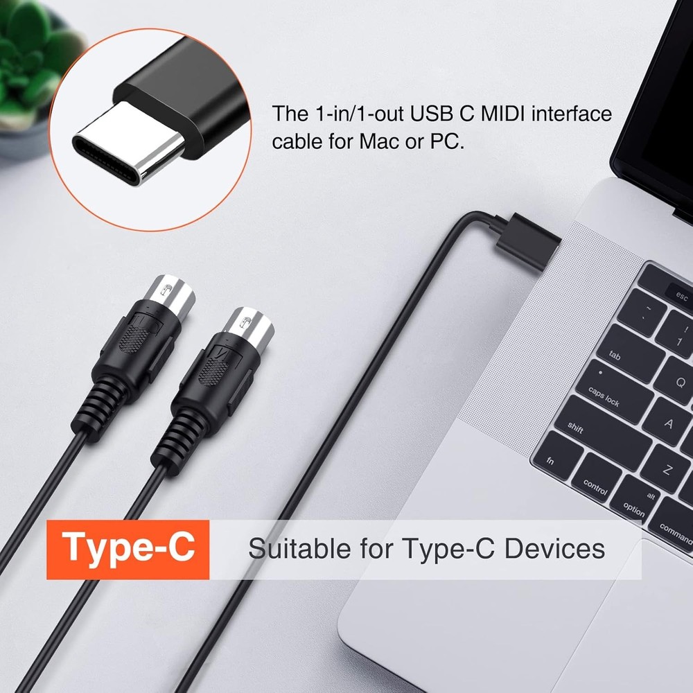 MIDI Cable, MIDI to USB C, Type-C MIDI Interface with Input & Output Connecti...
