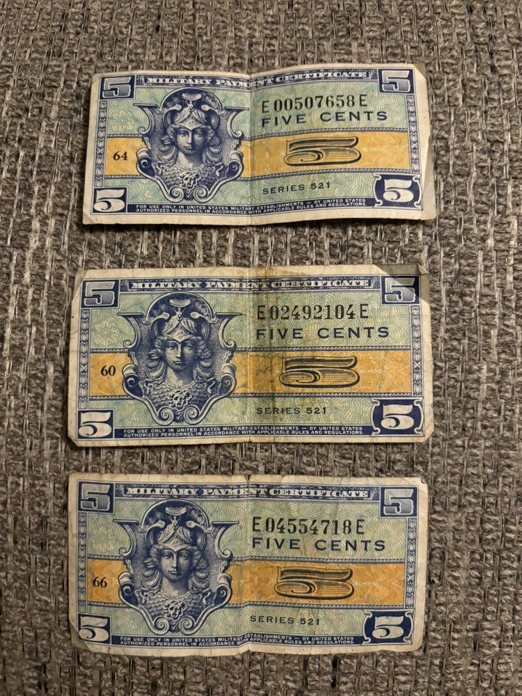 MPC 5 Cents Replacement Note Series 521 Low Serial -1st Printing -(3 Notes)