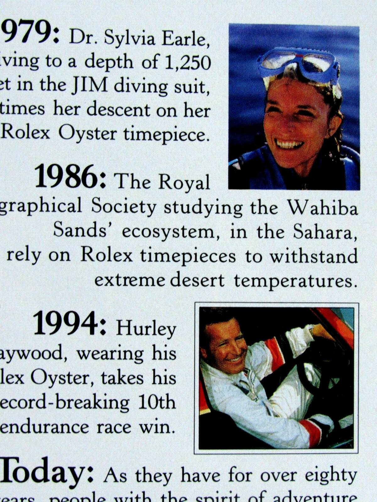 1996 Rolex Chuck Yeagar Hurley Haywood Vintage Original Print Ad 8.5 x 11"