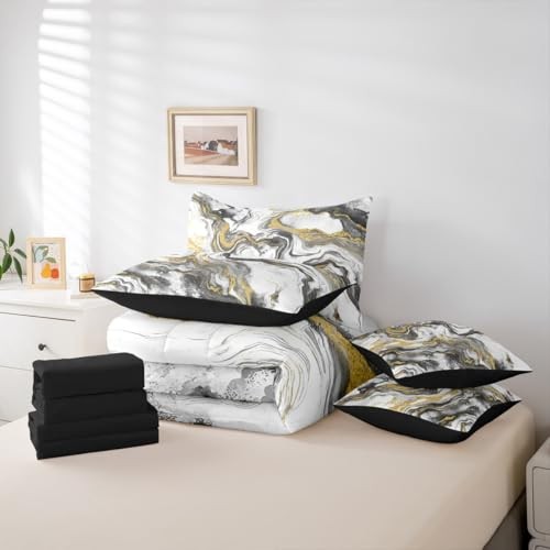 Marble Grain Size Bed Sheets and Comforter Set, Classic Full Grey White Gold