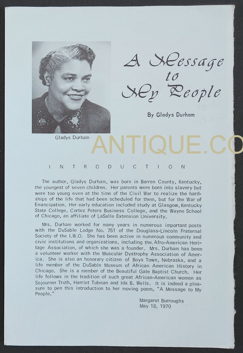 1970 vintage MESSAGE to MY PEOPLE signed GLADYS DURHAM intro margaret burroughs
