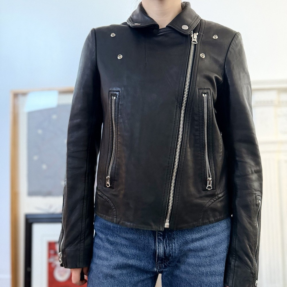 RAG & BONE Black Leather Moto Jacket Red Lining - Size Medium