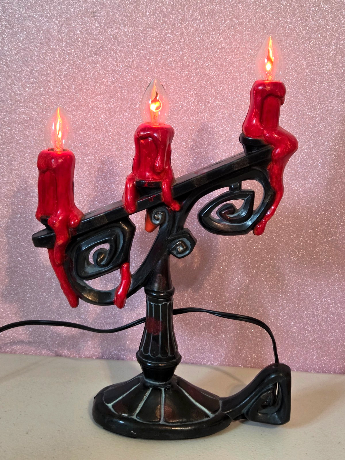 Vintage Gemmy Halloween Flicker Flame CANDELABRA Red Candles WORKS 13"