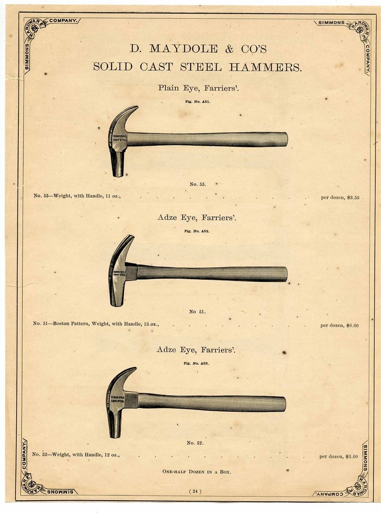 Simmons Hardware Hartford & Maydole Solid Cast Steel Hammers Catalog Page 1883
