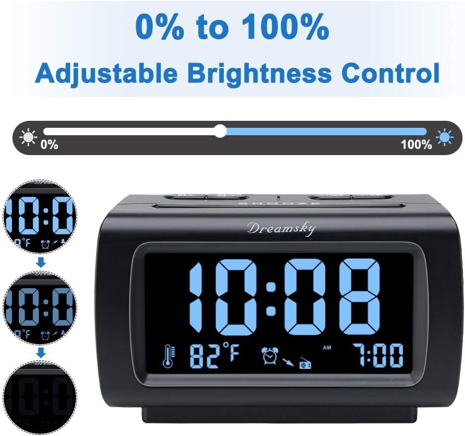 Large Display FM Alarm Clock with Adjustable Brightness & Temperature - Black