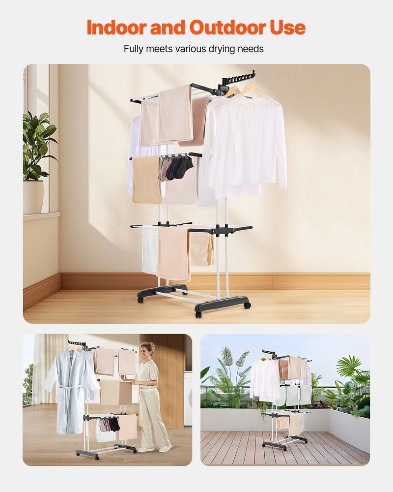 Foldable 4-Tier Drying Rack: 24 Rods, 14 Hooks, 77lb Capacity, Locking Casters