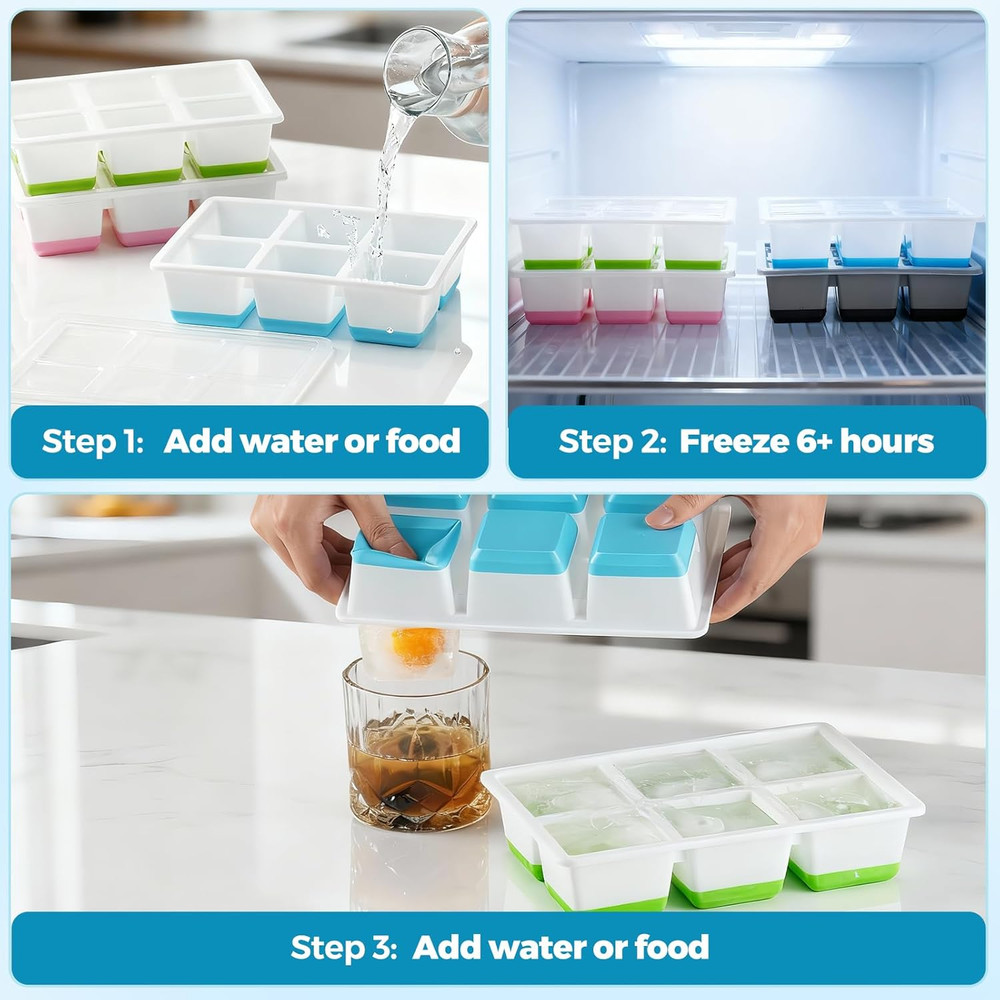 Large Ice Cube Trays 2 Pack, Easy Release 2.4" Big Ice Cubes, Stackable Ice Tray