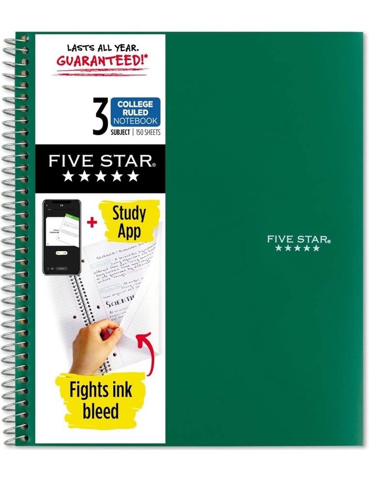 Five Star 3-Subject Spiral Notebook College Rule 150 Sheets Green