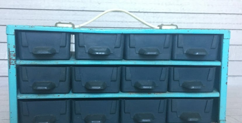 UNIQUE blue metal vintage BOX, Storage Bin with multiple containers, organizer,