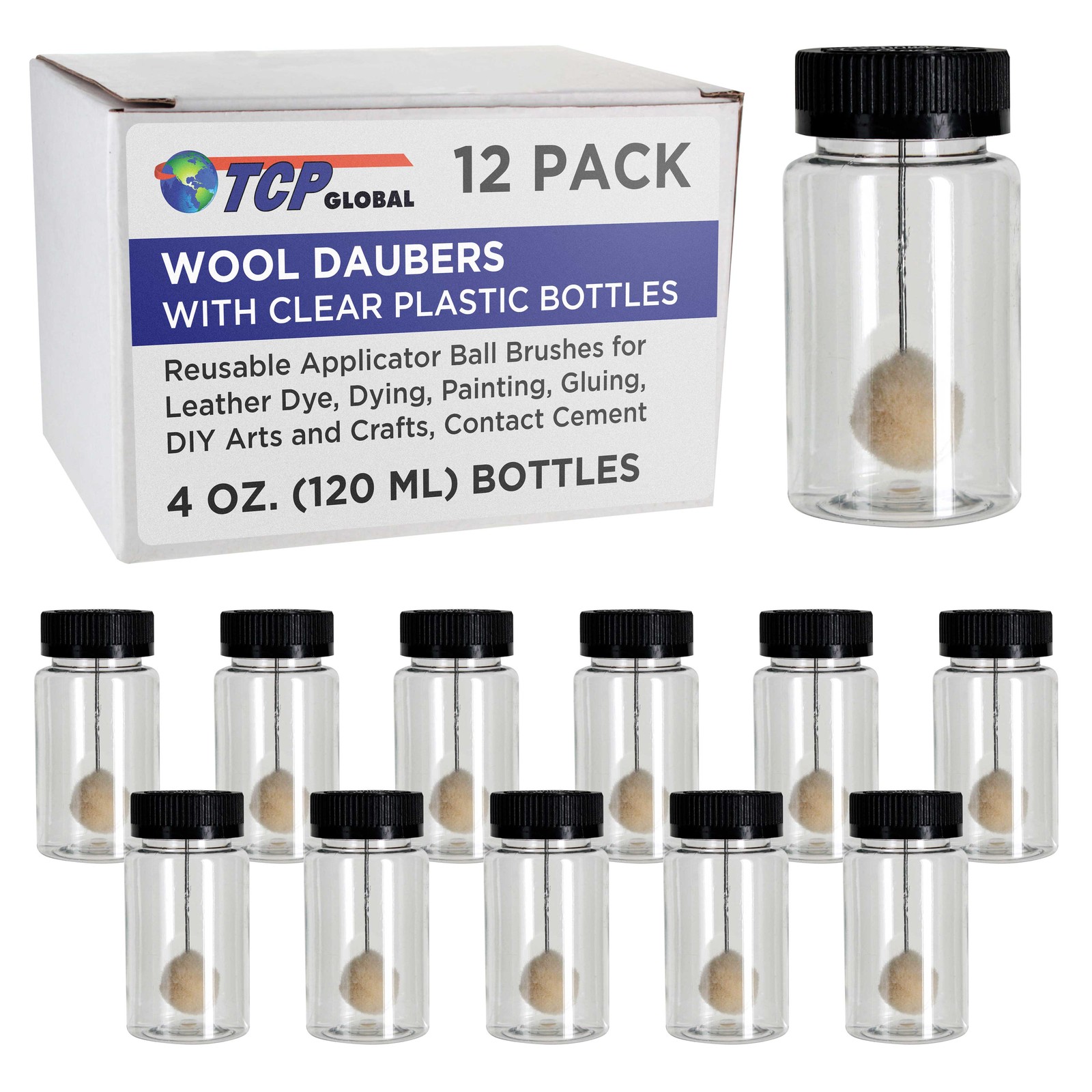 Wool Daubers with Clear Plastic Bottles, 12-Pack, 120ml Safety Lids Ball Brush