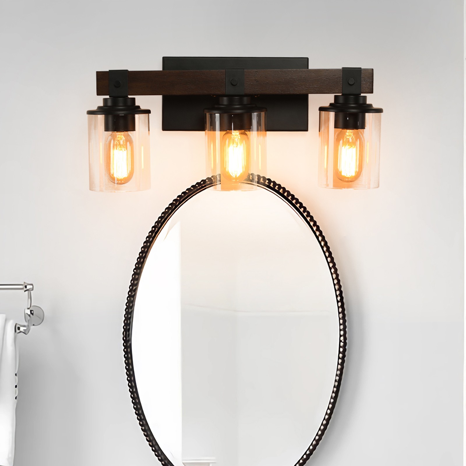 19" Vintage Vanity Light Bathroom Mirror Wall Lamp 3 Lights Rustic Wood Fixture