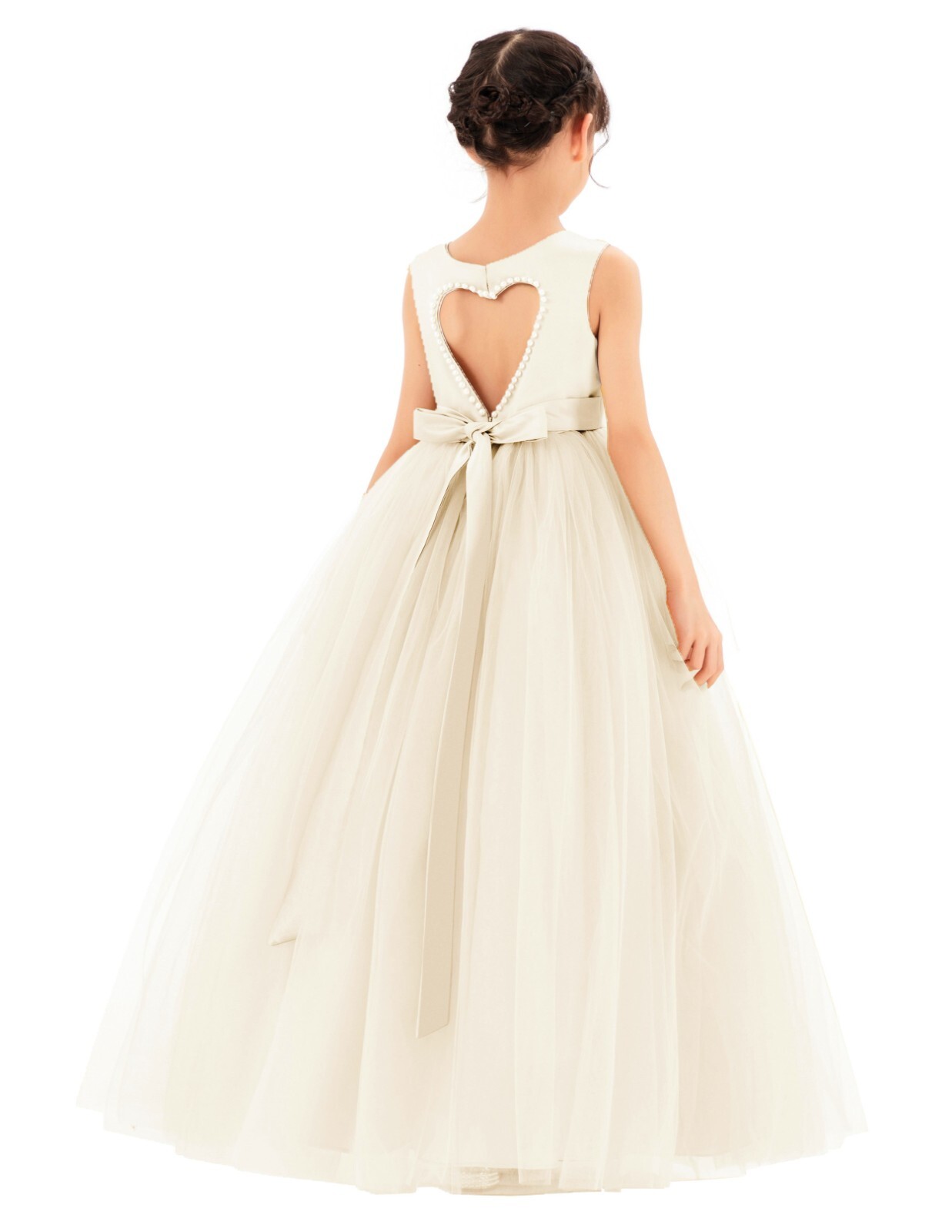 Satin Heart Cutout Flower Girl Dress with Pearl Beaded Trim Wedding Girls Dresse
