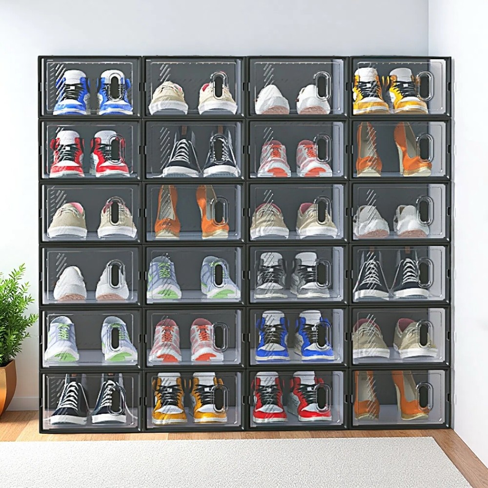 24-Pack Shoe Storage Boxes - Stackable, Door, Plastic Mesh, Black & Small Size