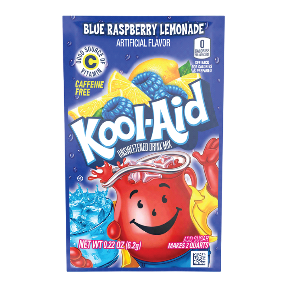 Full Box 48x Packets Kool-Aid Blue Raspberry Lemonade Caffeine Free Drink Mix