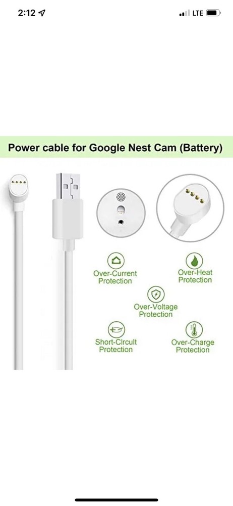 Extended USB Power Charging Cable Compatible with Google Nest Cam (Batte...